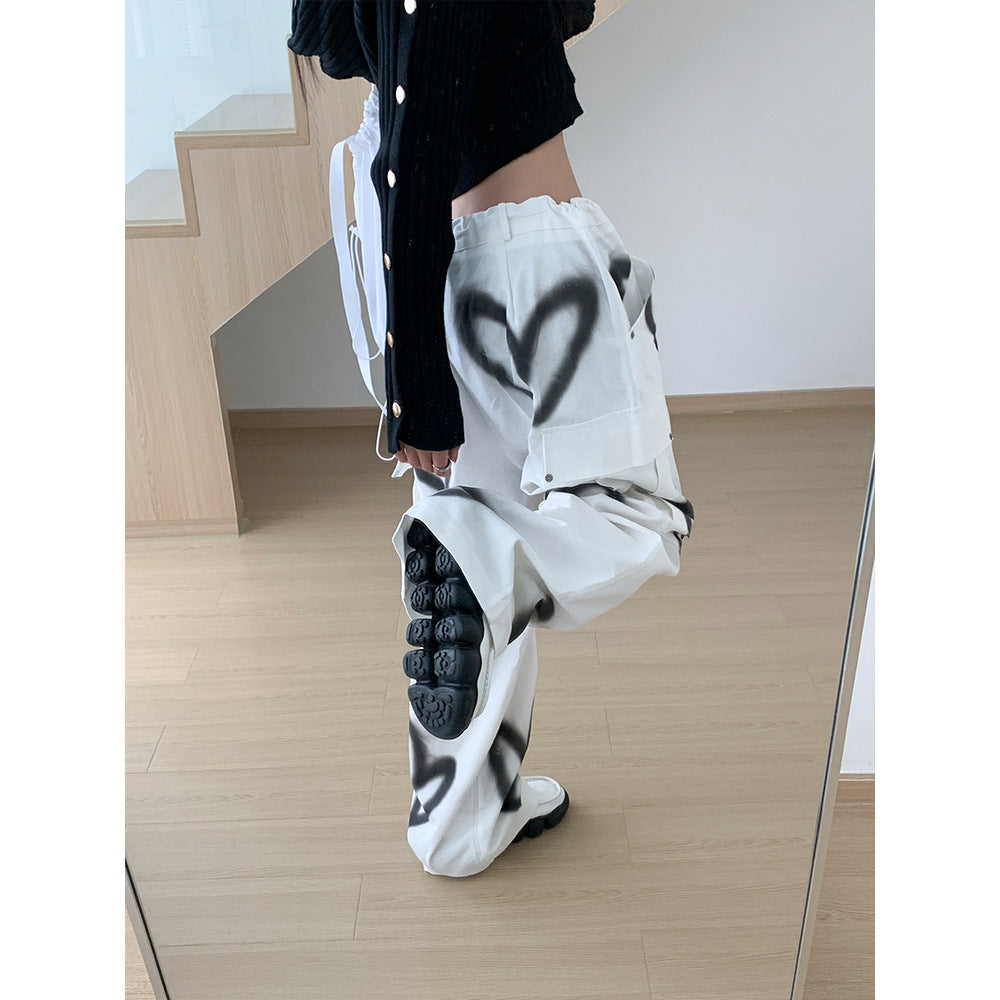 Lace-upCool Heart-shaped Graffiti Wide-leg Pants Streetwear