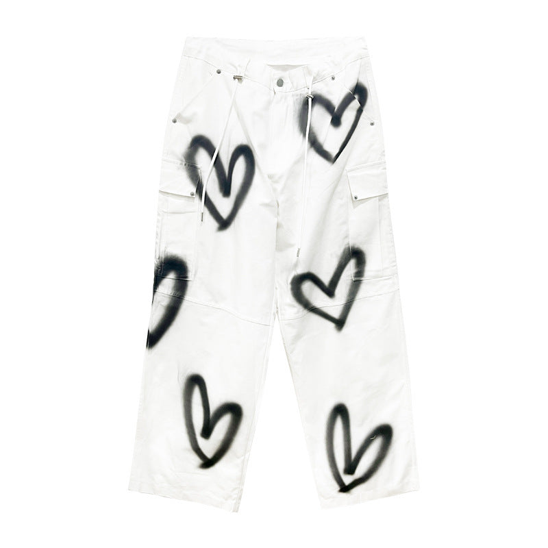 Lace-upCool Heart-shaped Graffiti Wide-leg Pants Streetwear