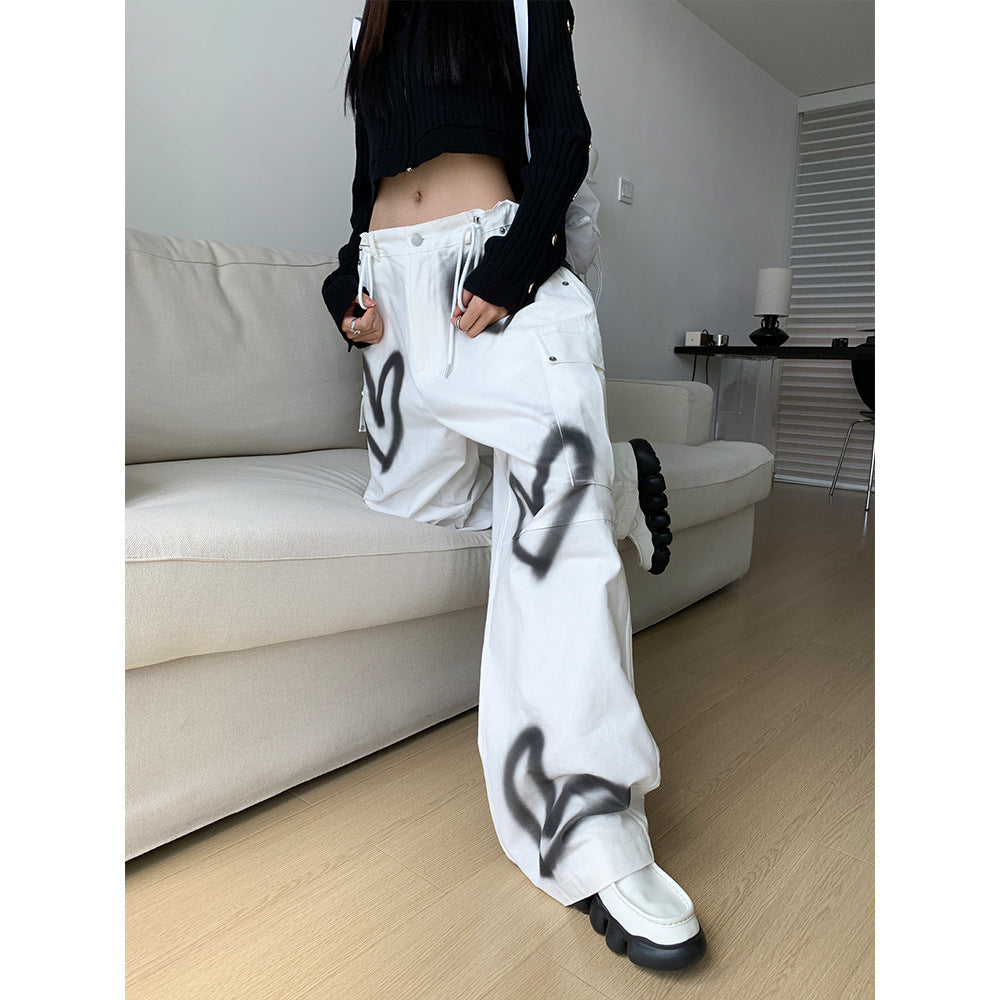 Lace-upCool Heart-shaped Graffiti Wide-leg Pants Streetwear